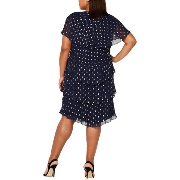 Slny Women’s Blue Polyester Short Sleeve Embellished Flutter Sleeve Midi Dress - Picture 6 of 7